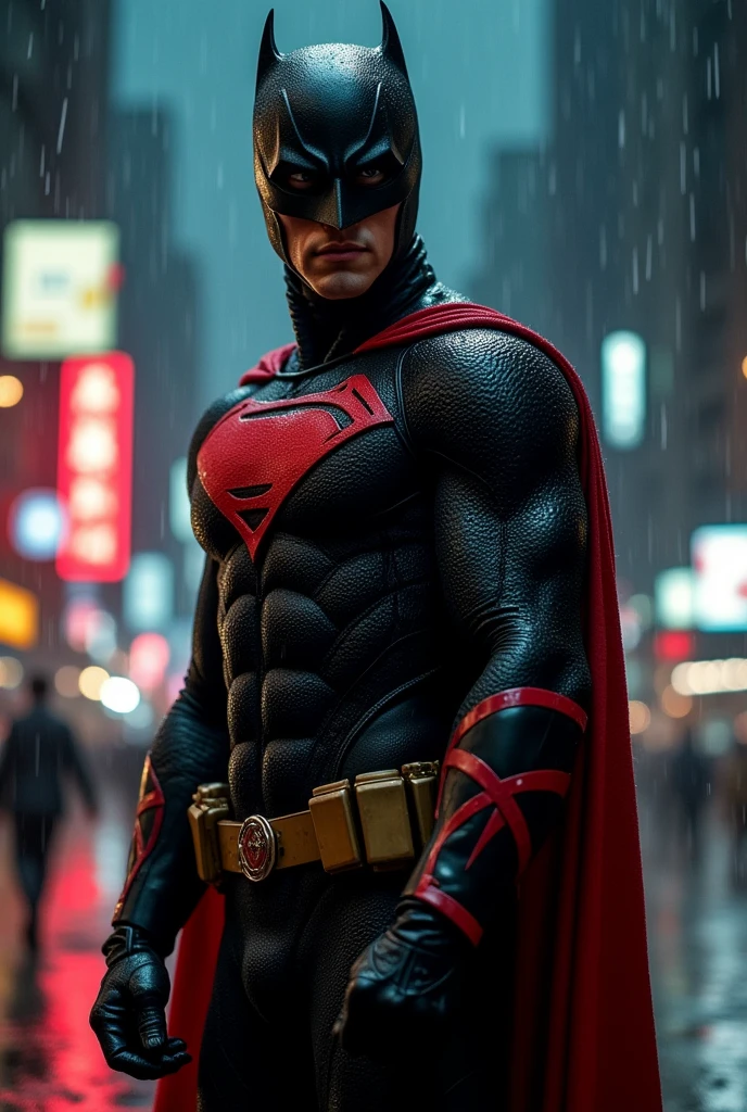 Create a Hero that has Robin&#39;s characteristics. His suit has to be in black and red colors, and he needs to have a mask over his mouth and around his face, Similar to Robin's. And in the background of the image make him be in a rainy city at night