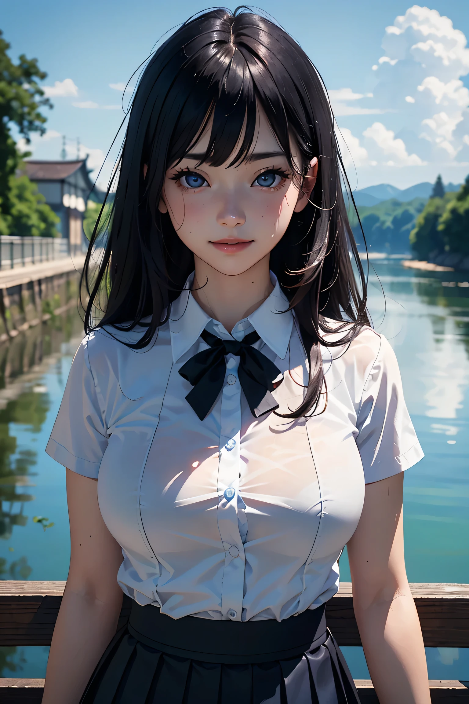 (masterpiece:1.2, Highest quality), (Realistic photos), Beautiful illustrations, (Natural side lighting, Cinema lighting),1 person, Japanese, 20-year-old female, Perfect Face, Symmetrical cute face, Glowing Skin, (Black Hair、Straight Long Hair)、Flowing bangs, Dark blue eyes, Long eyelashes, (Large Breasts:1.4), Slender build, Beautiful Hair, Beautiful Face, Fine and beautiful eyes, Beautiful body, Beautiful breasts, (White collared shirt、Small black ribbon、Navy blue pleated skirt),smile、Blushing、stand、river、bridge、blue sky、White cloud、Sweating