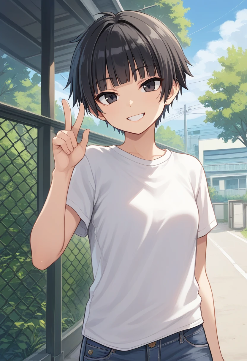 1girl, solo, tomboy, straight hair, short hair, blunt bangs, black hair, score_9, black eyes, white t-shirt, jeans, outdoors, upper body, looking at viewer, smile