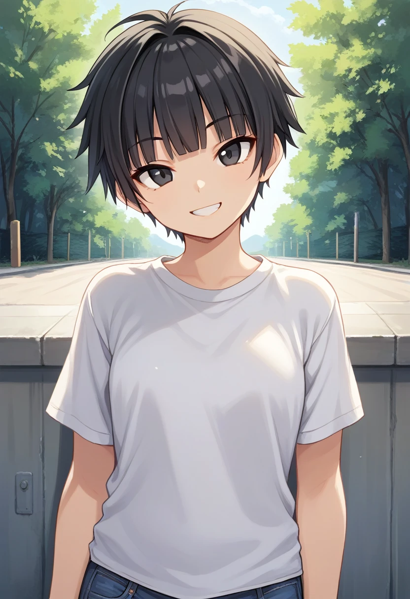 1girl, solo, tomboy, straight hair, short hair, blunt bangs, black hair, score_9, black eyes, white t-shirt, jeans, outdoors, upper body, looking at viewer, smile