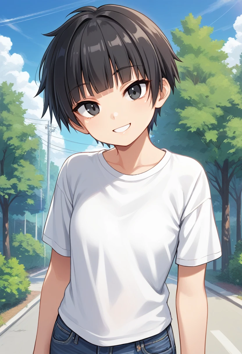 1girl, solo, tomboy, straight hair, short hair, blunt bangs, black hair, score_9, black eyes, white t-shirt, jeans, outdoors, upper body, looking at viewer, smile