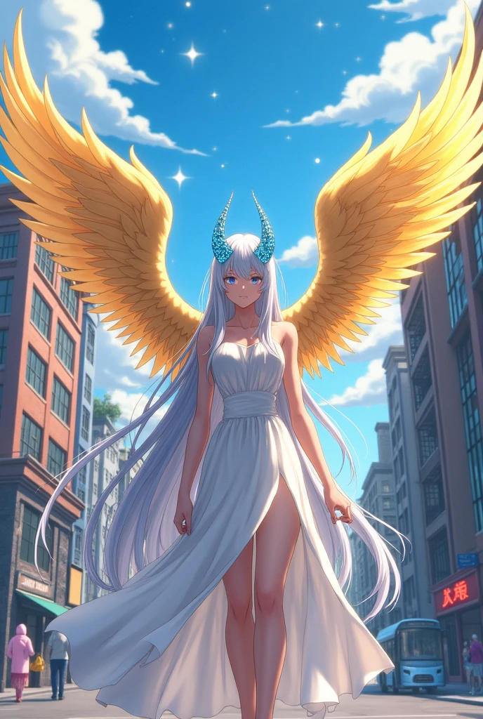 boku no hero academia background, girl with white eyes and long white hair, with golden angel wings and diamond blue horns