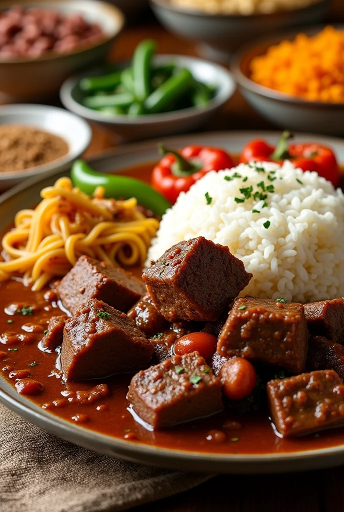 Roast beef stew, rice, bean, noodle, farofa and vegetables png
 