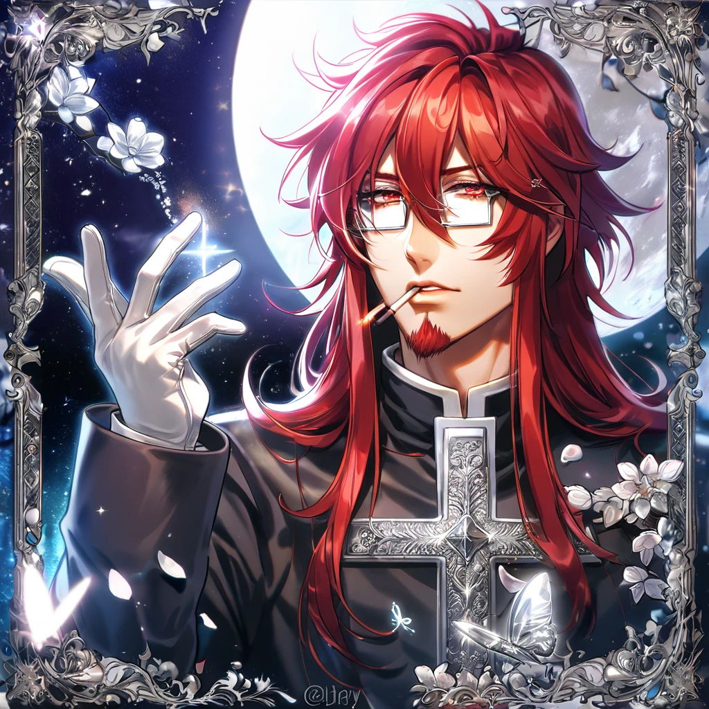 absurdres, highres, ultra detailed, HDR, master piece, best quality, extremely detailed, Cross Marian, red hair, long hair, messy hair, red goatee, hair between the eyes, expressive red eyes, D.Gray-man, rectangular glasses, solo, sexy man, handsome, sensual, black coat, white gloves, smoking, fantasy, magical, shining, silver flowers, blossoms, water, silver petals, silver butterflies, sparkling, silver moon, starry sky