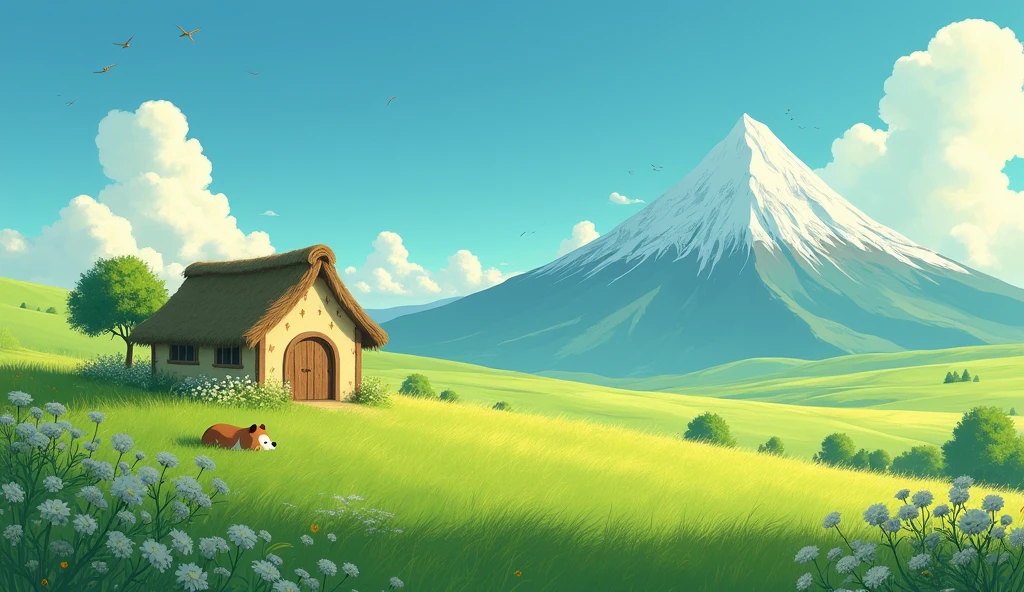 Create an enchanting Studio Ghibli-inspired scene capturing a tranquil, picturesque landscape. The setting is a vast, lush green prairieland, dotted with wildflowers swaying gently in the breeze. At the center of the scene is a charming, simple cottage with a thatched roof, nestled peacefully amidst the rolling hills. Outside the cottage, a loyal dog is curled up, sound asleep, basking in the warmth of the afternoon sun. In the background, the majestic Andes mountains rise, their snow-capped peaks contrasting beautifully against the clear, blue sky. Wisps of soft, white clouds drift lazily across the horizon, while a few birds soar gracefully above, adding life and movement to the scene. The perspective is from a high drone view, capturing the expansive beauty of the prairieland, the cozy cottage, and the distant grandeur of the Andes. The grass is detailed, with varying shades of green and golden highlights, and the entire scene is bathed in the soft, warm light of the late afternoon, evoking a sense of peace, simplicity, and harmony with nature. The composition is rich with Ghibli-esque charm, blending the whimsical with the serene, creating a heartwarming image full of life and detail.