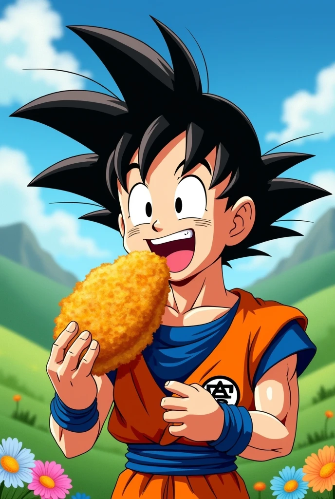Goku with a fried cake in his hand, a typical Uruguayan food in the style of Akira Toriyama
