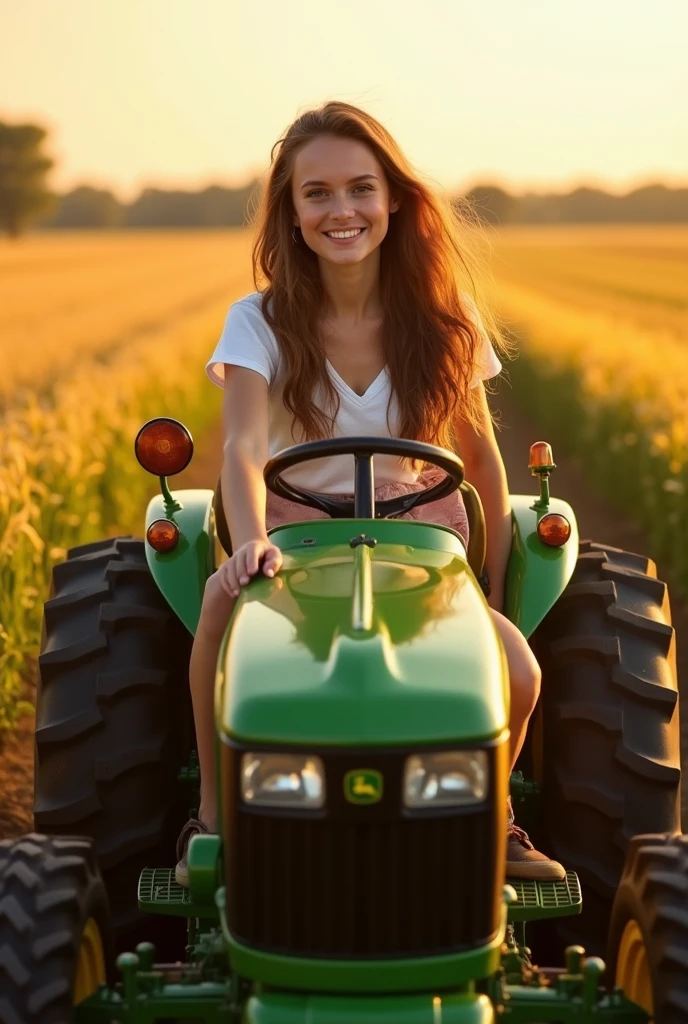 "A picturesque farm scene with a radiant girl driving a John Deere tractor through sunlit crops. The girl's serene expression and the vibrant green of the tractor are accentuated by the profile name '[agra_tractors]' with a blue tick verification mark."