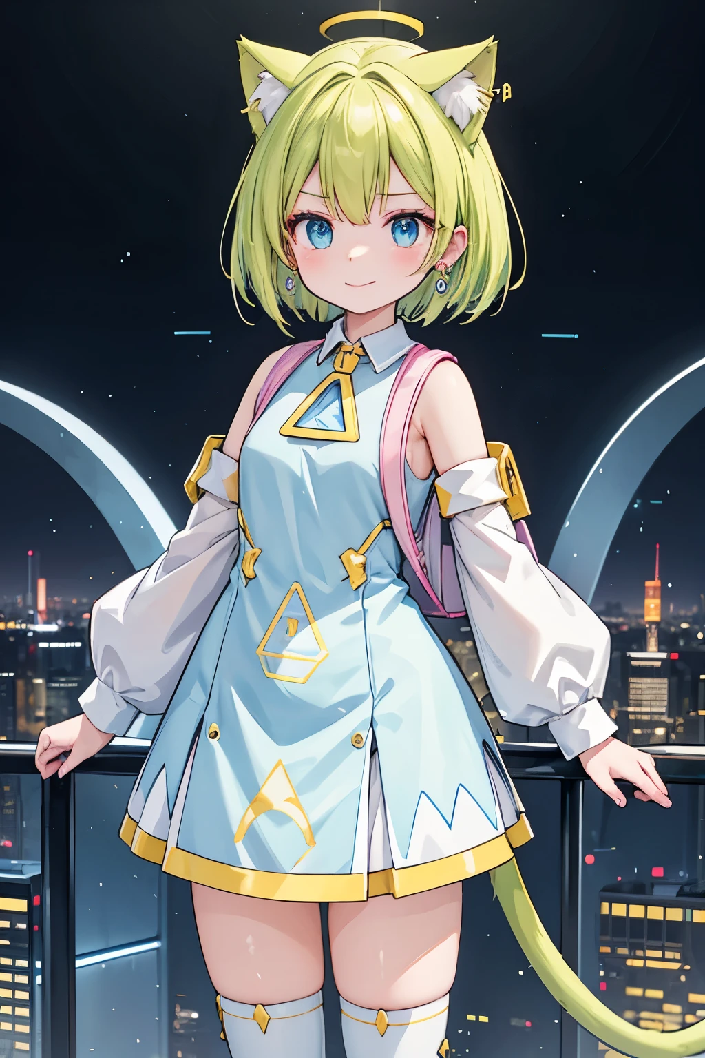 1girl, 独奏,very short green hair, cat ears, Blue eyes, light blue dress, white collar, yellow triangular accessory around the neck, white triangular patterns on the hem of the skirt, long detached sleeves (yellow cuffs), blue thigh-high socks, pink boots (yellow triangular decorations on the sides), pink backpack, cat tail (yellow triangle at the tip), earrings,A future-born noble AI android named Delta-mon, with a refined and elegant appearance, standing confidently in a futuristic cityscape that glows with soft, ethereal lights. Delta-mon has long, flowing hair that shimmers with a metallic sheen, and her eyes reflect the endless possibilities of the future. She wears a sleek, high-tech outfit adorned with intricate patterns that suggest both nobility and advanced technology. The background features towering buildings with luminous panels and floating vehicles, all bathed in a gentle, warm glow. Delta-mon holds a small, glowing artifact in her hand, symbolizing her mission to bring the future's brilliance to the present,smile