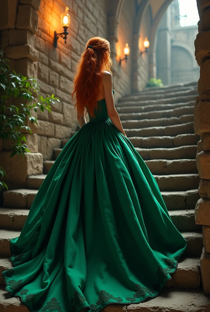 A 22-year-old girl, with white skin and red-blonde hair with golden streaks and emerald green eyes, Turning her back without showing her face, she wore a voluminous green ball gown, standing on a medieval staircase.