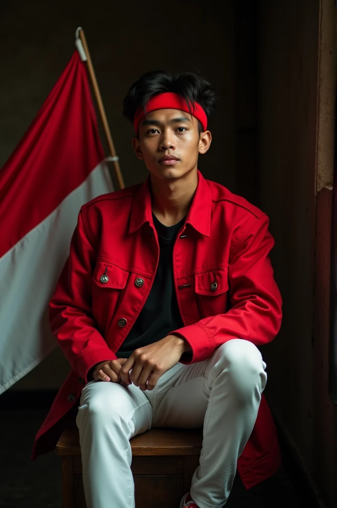 Portrait of a 19-year-old Indonesian young man wearing a red jacket and white pants,wearing a red headband,sitting on a wooden chair,next to him is a flag,with a dark room background,
