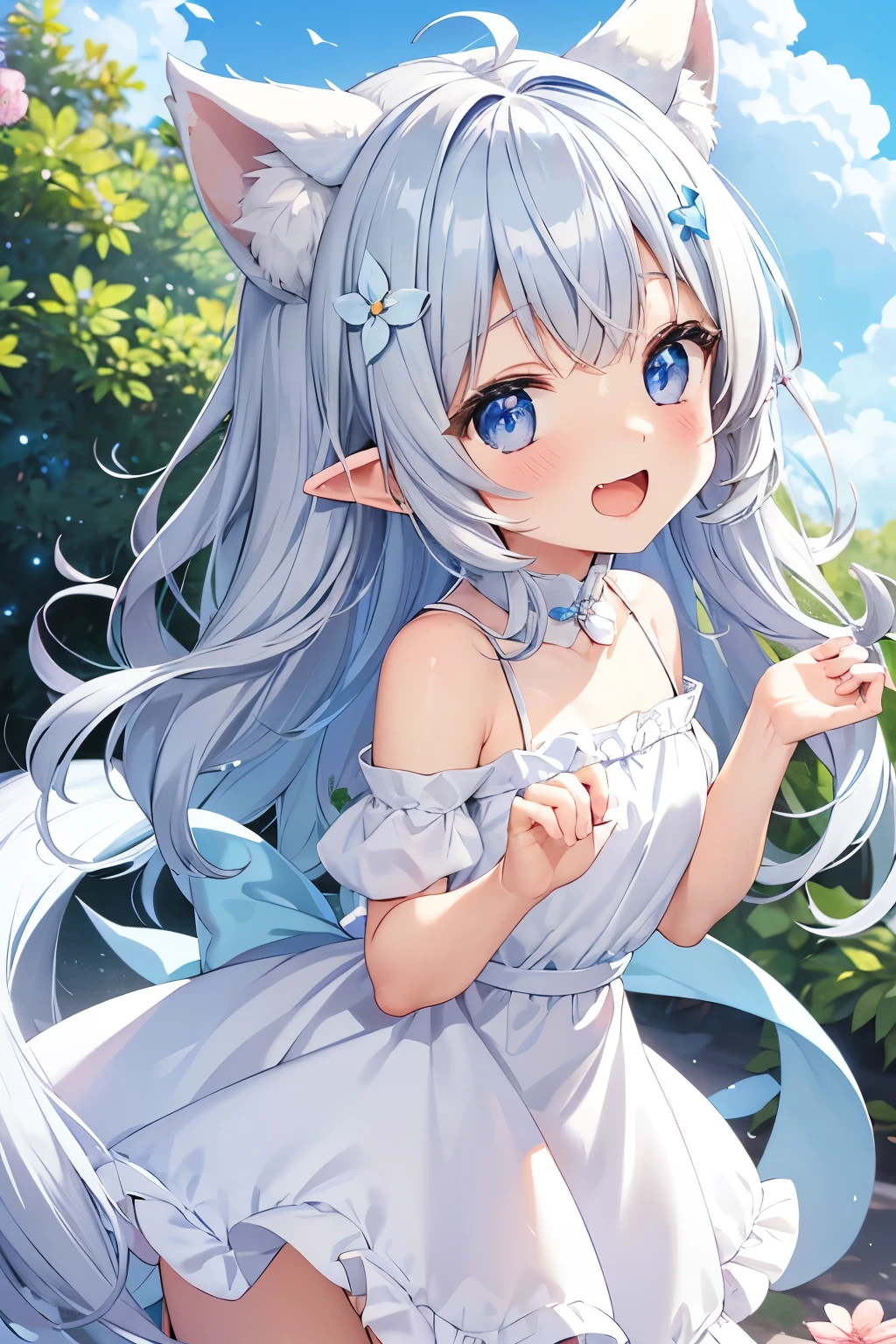 anime、pastel、、child、Laugh a big open mouth、Very short、Gray Hair、long、Flower Hair Ornaments、fluffy ears、Dropped ears、Fluffy tail、Big, cute eyes、With an odd eye of azure blue、Cheeky cheeks、Slender body、She is wearing a white and light blue dress.、Outdoor、Cute Girlfriend、Going out