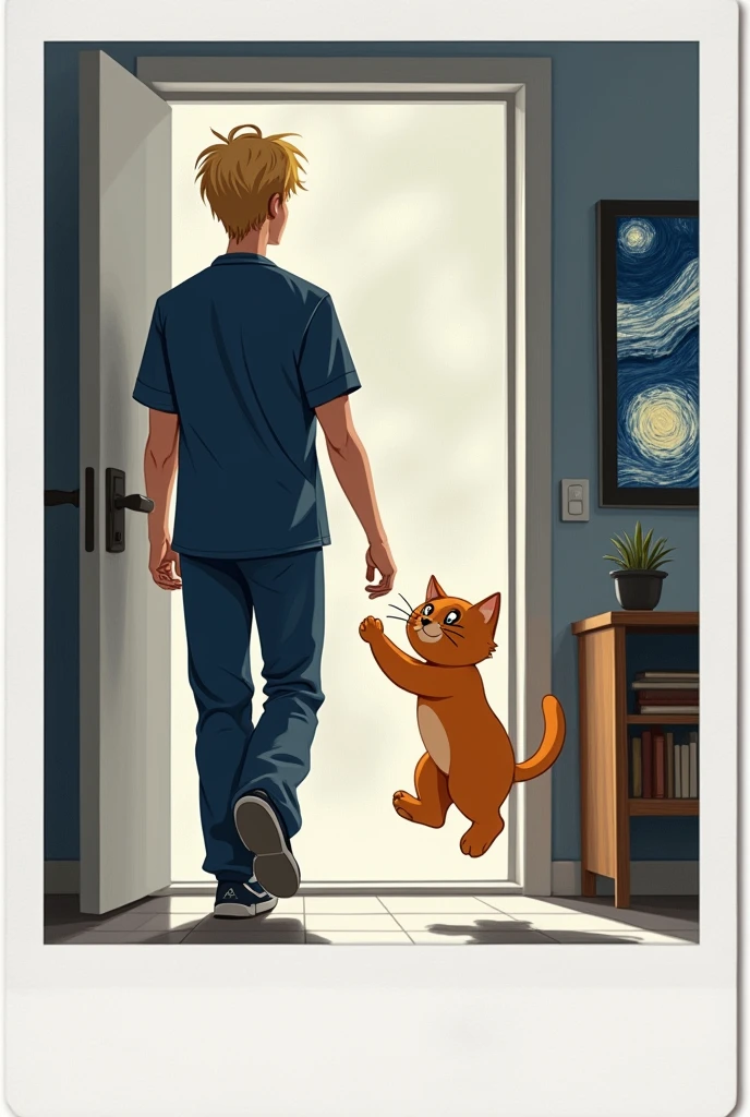 Can you create a 2D Polaroid drawing of a painting in the background, one piece , A tall, thin, blonde nursing student in a navy blue medical uniform, He will enter and his orange cat will greet him, that it's tender and looks like a cartoon, the background can be a painting of the starry night, It can be with less color, that it looks like a cartoon and it is to print in a photo frame, I need the student to be entering his house and the kitten to welcome him tenderly, It is for printing so it should be less colorful, almost black and white.