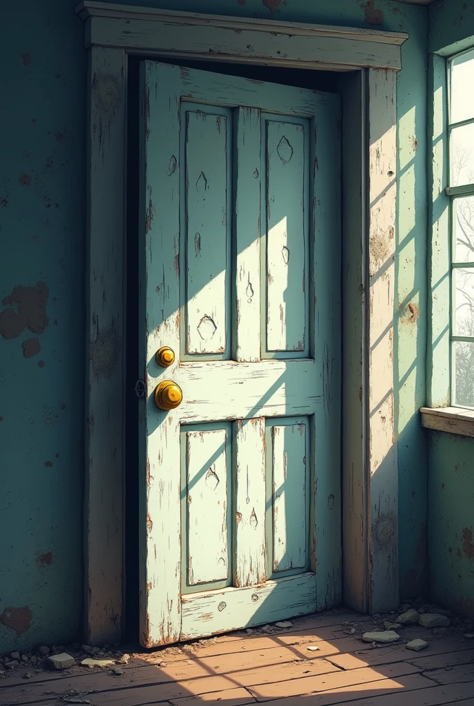 Creates the image of a white door with a yellow knob of a dusty and worn house being closed ,all this with a pixelated style similar to the visual style of Undertale. 