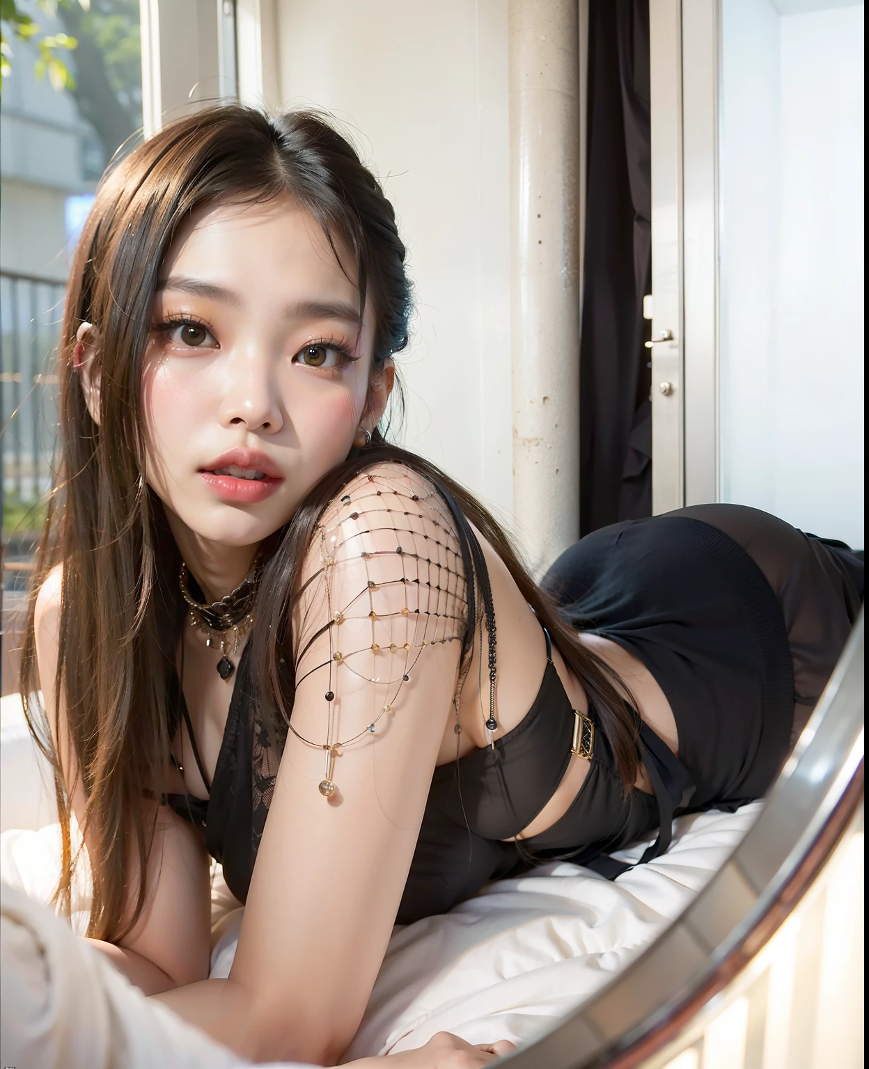 Masterpiece, high quality, 4K, beautiful design, shiny, from the front, award winning photo, extremely detailed, amazing, fine detail, absurdres, highly detailed woman, extremely detailed eyes and face, solo, 1girl, babe, glossy, big , wifs, sparkling fabric, incrusted with jewels, visible midriff , woman wearing a wifs, posing inside a castle with an oriental architecture, golden embroidery,