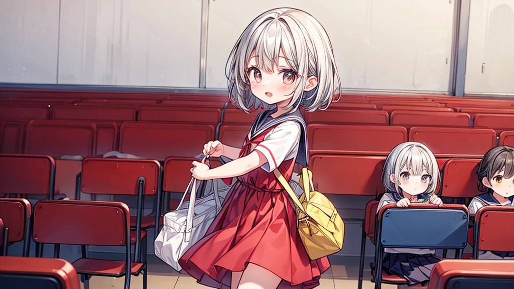 1girl,Little、cute、Primary school students、Red short-sleeved dress、Gray Hair、Red School Bag、Skipping、Facing sideways towards the audience、Yellow simple background