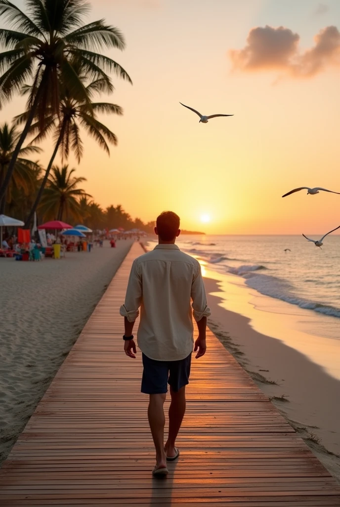 Man with his back turned walking towards the boardwalk in Veracruz 