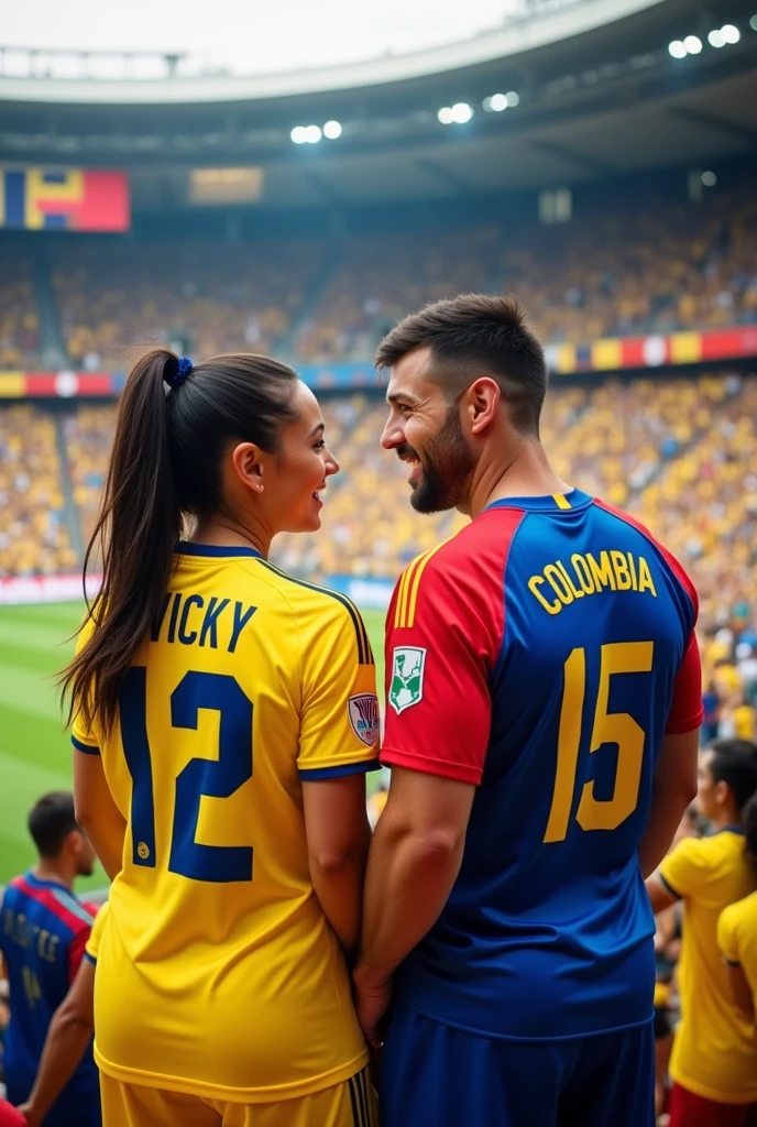 A woman and a man facing each other in a stadium, both wearing Colombia jerseys. The woman's jersey has the name 'Vicky' and the number 12, while the man's jersey has the number 15.
