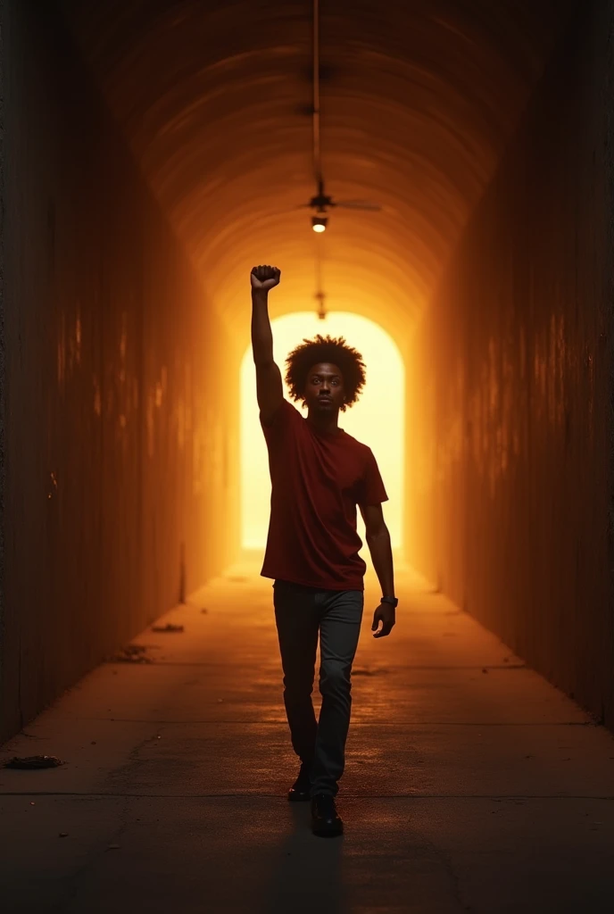 Black man image, cabelo Black Power, clenched fist in sign of resistance, heading towards a light in a tunnel 