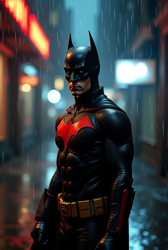 Create a Hero that has Robin's characteristics. His suit has to be in black and red colors, and that he has a mask over his mouth and eyes similar to Robin's. And in the background of the image make him be in a rainy city at night