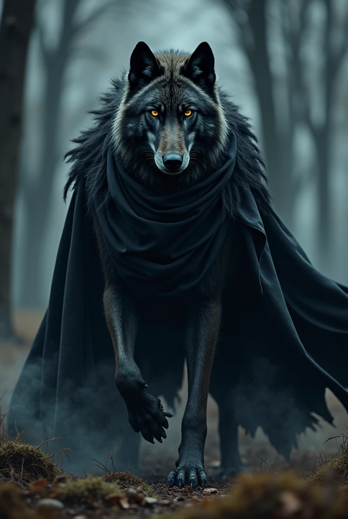 A villainous wolf in a black cape talking 