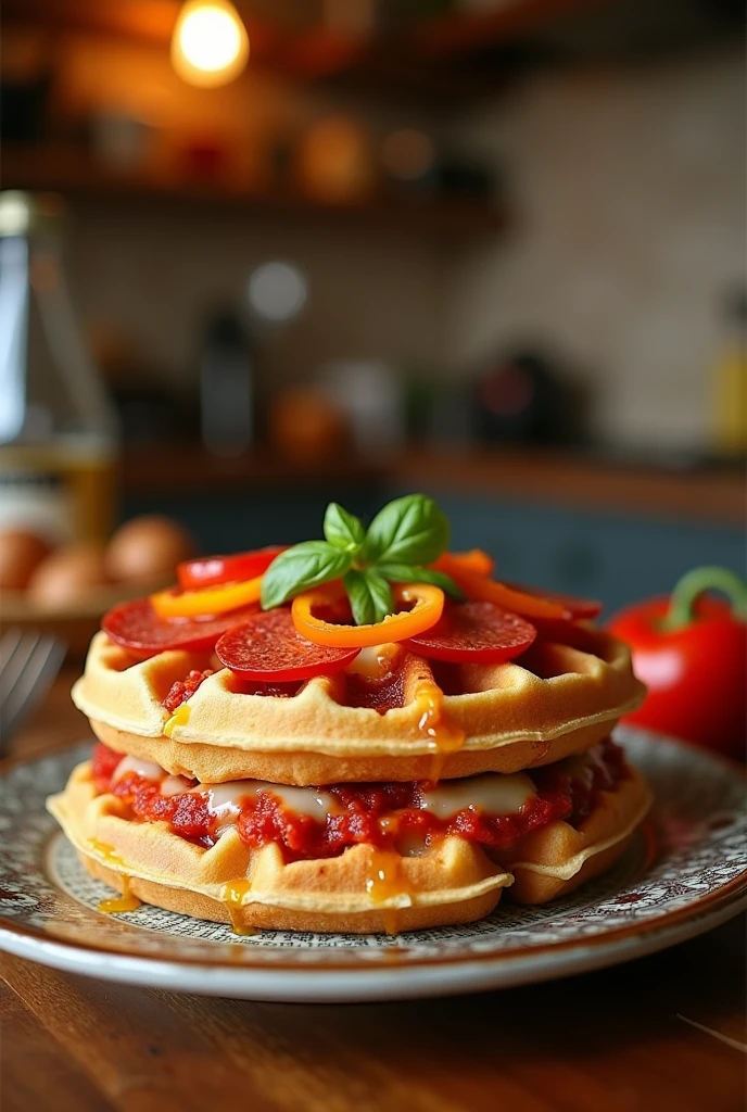 A waffle pizza is a creative fusion dish that combines elements of both waffles and pizza. It consists of a waffle serving as the base, which is then topped with traditional pizza ingredients such as tomato sauce, cheese, and various toppings like pepperoni or vegetables. The waffle is typically baked or grilled to achieve a crisp texture, and the toppings are added either before or after cooking, resulting in a dish that blends the savory, crispy characteristics of a waffle with the classic flavors of a pizza.
double waffle