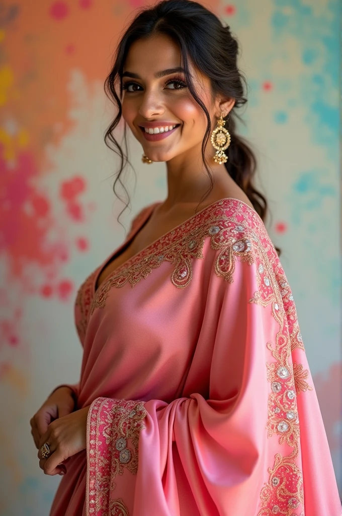 a woman in a pink sari smiles while holding her hands out, fanart, doing an elegant pose, dressed in a pink dress, pretty face!!, maya ali, candid picture, wearing a pink ballroom gown, with an elegant smile, wearing pink floral gown, with a cool pose, * colour splash *, side pose, cute woman, satin, traditional beauty