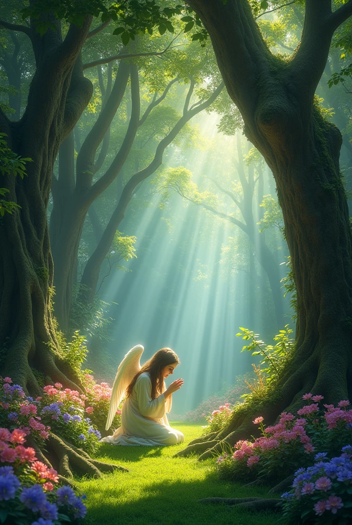 enchanted jungle, ancient and giant trees, full and emerald green lawn, luminous flowers, sun shines in rays of all colors, an angel prays