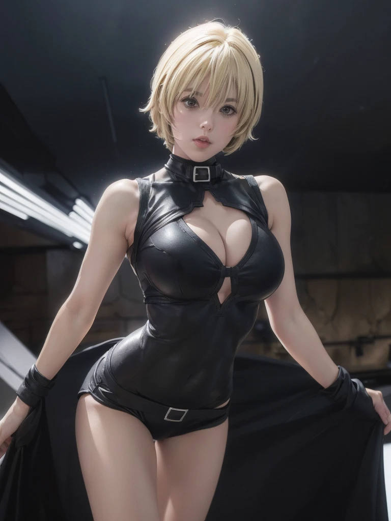 kurosaki mea、最high quality、high quality,, ((Masseter muscle area)), ((High resolution)), ((最high quality)), detailed, ((Glowing Skin)), (High leg bodysuit:1.2)、and, ((huge 、Blonde、Short Bob))、(White bondage, White shorts), Voluptuous bust:1.5, Bowl-shaped big breasts:1.5, Exposed abdomen:1.5, exposed navel:1.2, Sloping shoulders:1.4, (View from the front、Looking at the audience:1.5)、((background:Black Room:1.4))
