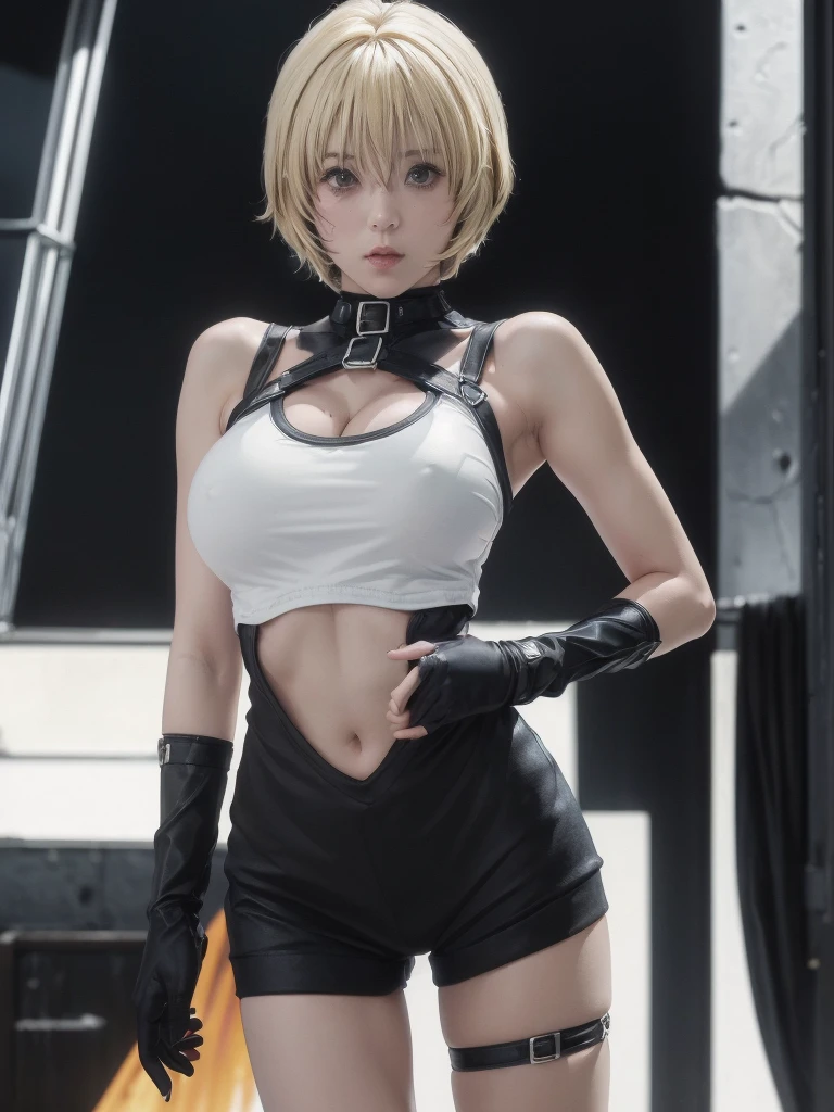 kurosaki mea、最high quality、high quality,, ((Masseter muscle area)), ((High resolution)), ((最high quality)), detailed, ((Glowing Skin)), (High leg bodysuit:1.2)、and, ((huge 、Blonde、Short Bob))、(White bondage, White shorts), Voluptuous bust:1.5, Bowl-shaped big breasts:1.5, Exposed abdomen:1.5, exposed navel:1.2, Sloping shoulders:1.4, (View from the front、Looking at the audience:1.5)、((background:Black Room:1.4))