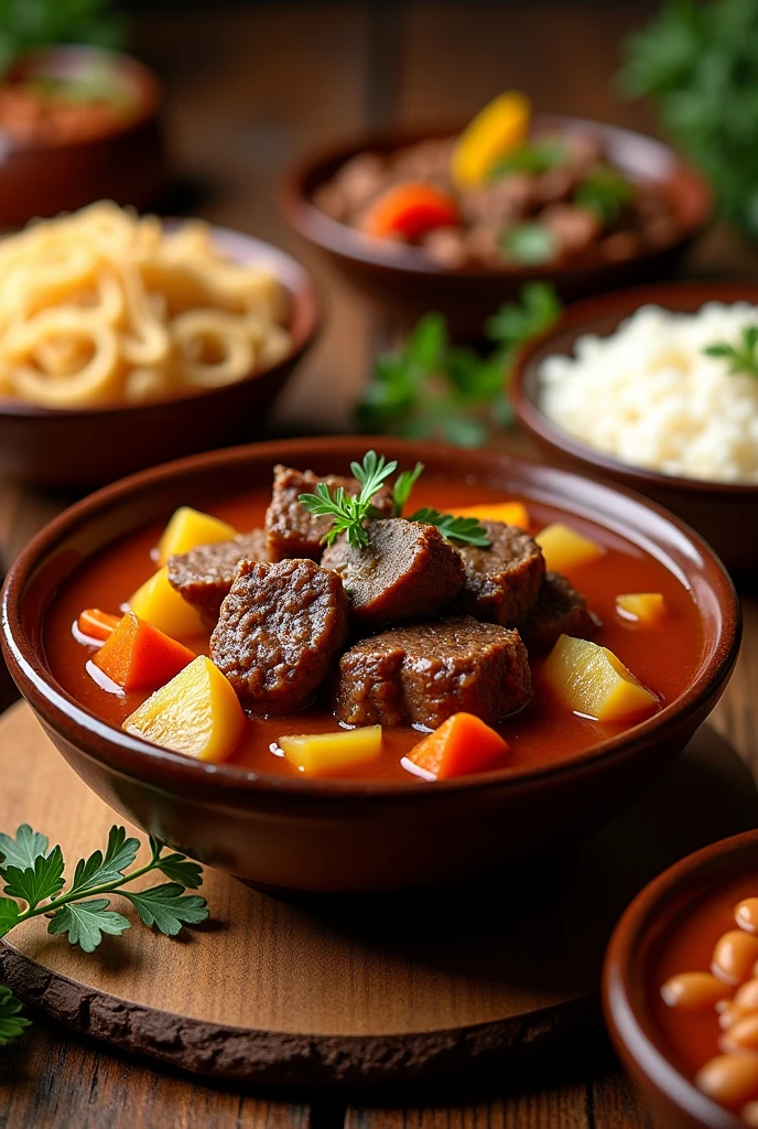 Roast beef stew, rice, bean, noodle, farofa and vegetables png