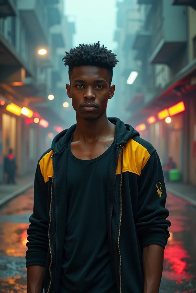 Young black afro boy, muscular, 18 years old, short round curly hair and yellow eyes, wearing a black tank top and a black and yellow sports jacket on top. Rolling up his jacket sleeve and showing his forearm. In a futuristic underground city with shades of gray from pollution.