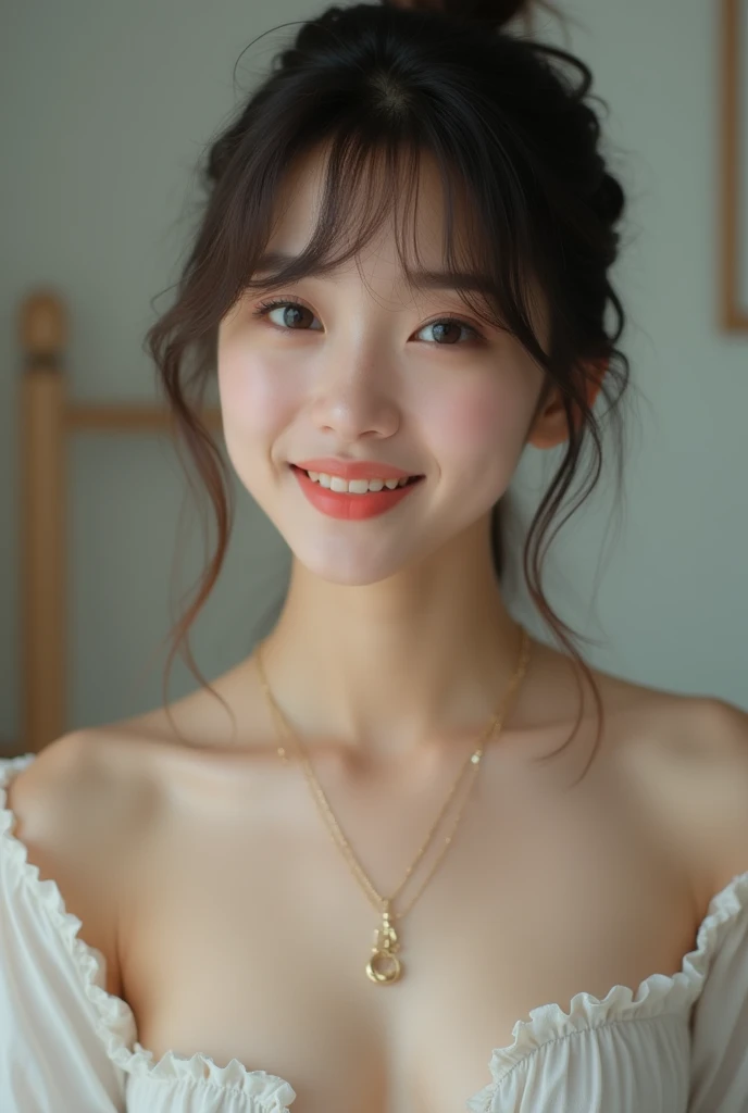 (masterpiece, Highest quality:1.4), Award-winning full-body photography, 8k, 85mm, alone, Beautiful Face,14 Talents、nice smile、Nude photoshoot、 necklace、Great style、Cute face like a Japanese idol、Standing next to the bed、Delicate woman, Baby Face、Beautiful Eyes、Beautiful clavicle、(((Topless)))、Cute hairstyle、Shapely breasts、Blushing and embarrassed
