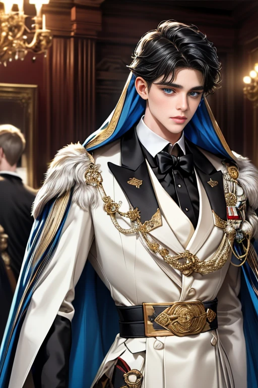 
masterpiece, 最high quality, high quality, 1 boy, alone, Male focus, Watching the audience,  Messy black hair, Adorable big blue eyes, White people, Noble, Noble,Sexy voluminous cape、Tuxedo、A very voluminous, large, very large, very large, long, long red and black cape with a high stand-up collar, reaching down to the floor, made of a lot of fabric., ,Cute beautiful boys,Cute, cute, kind, handsome guy