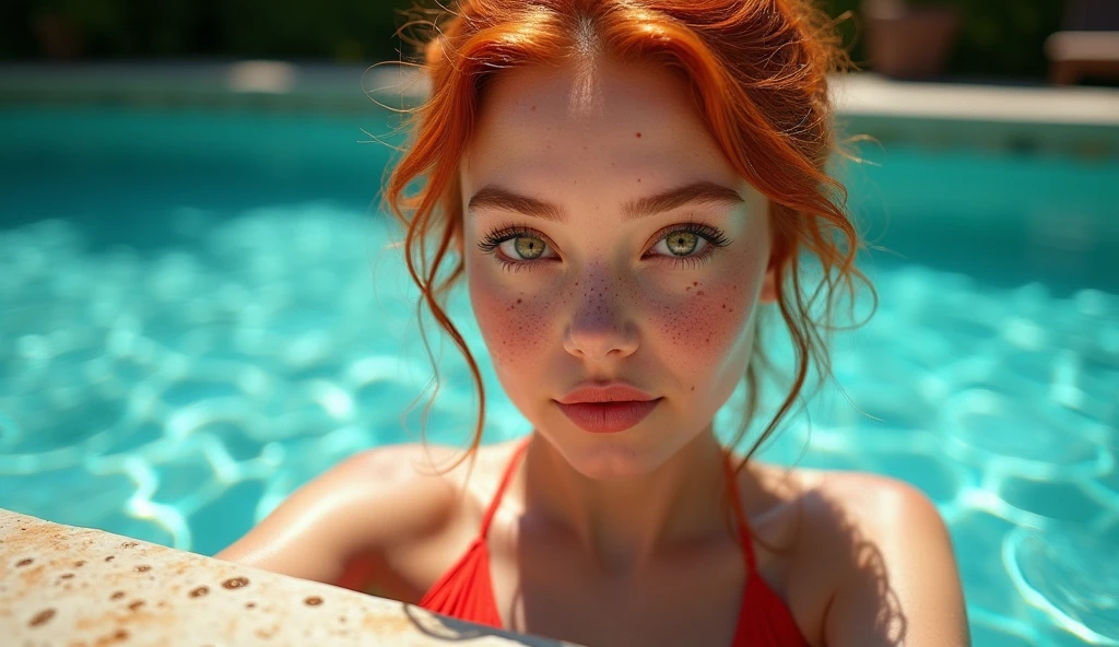 full lips, sunken eyes, outlined eyes, split chin, small nose,round face, redhead, freckles, hair updo upsweep (masterpiece) (best quality) (detailed) (8k) (HDR) (wallpaper) (cinematic lighting) (sharp focus) (intricate), swimming in a pool, red bikini