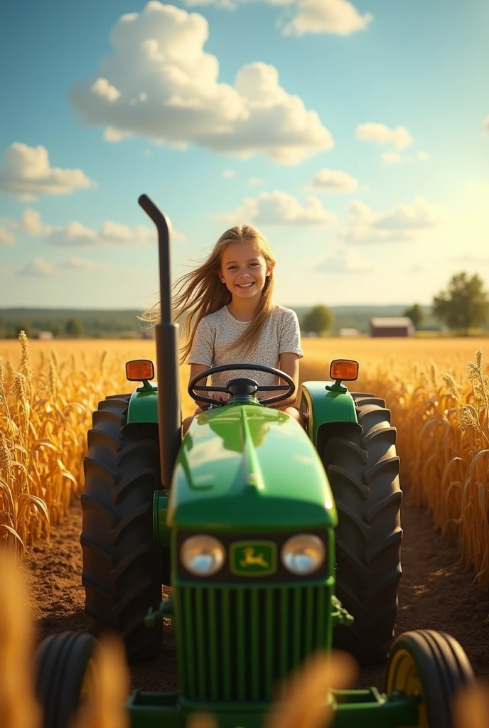 "A picturesque farm scene with a radiant girl driving a John Deere tractor through sunlit crops. The girl's serene expression and the vibrant green of the tractor are accentuated by the profile name '[agra_tractors]' with a instagram blue tick verification mark."