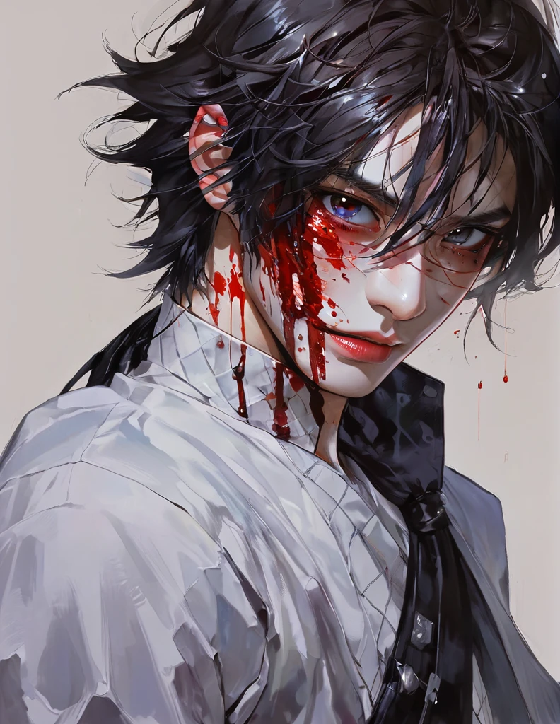 A man with a knife and blood on his face, a detailed painting by Yang J, pixiv contest winner, auto-destructive art, handsome guy in demon slayer art, detailed digital anime art, detailed key anime art, detailed anime artwork, detailed anime art, his eyes are bleeding intense, detailed anime character art, clean detailed anime art