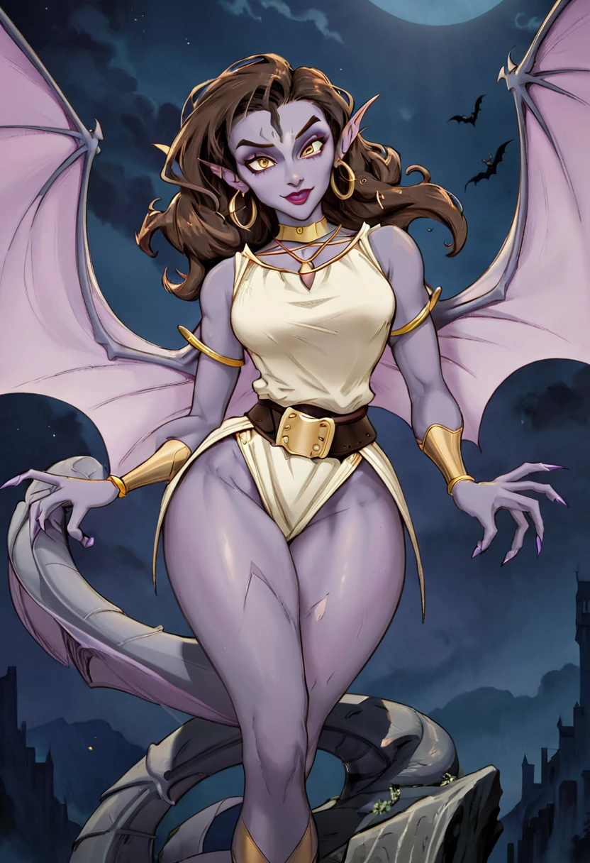 1990s gargoyle in the animation style of Gargoyles: The Goliath Chronicles. female gargoyle character with a humanoid form, lavender-gray skin, and bat-like wings. She has a sleek, athletic build with sharp claws on her hands and feet, pointed ears, and a long, slender tail. Her face is expressive with large, almond-shaped eyes, a defined nose, and a strong jawline. She wears a cream-colored tunic with a golden belt at the waist, along with gold hoop earrings and a gold bracelet. Her dark brown hair is voluminous and styled in a wave that falls just above her shoulders. The setting should have a night-time, gothic atmosphere with dramatic shadows to highlight her confident and poised stance.
