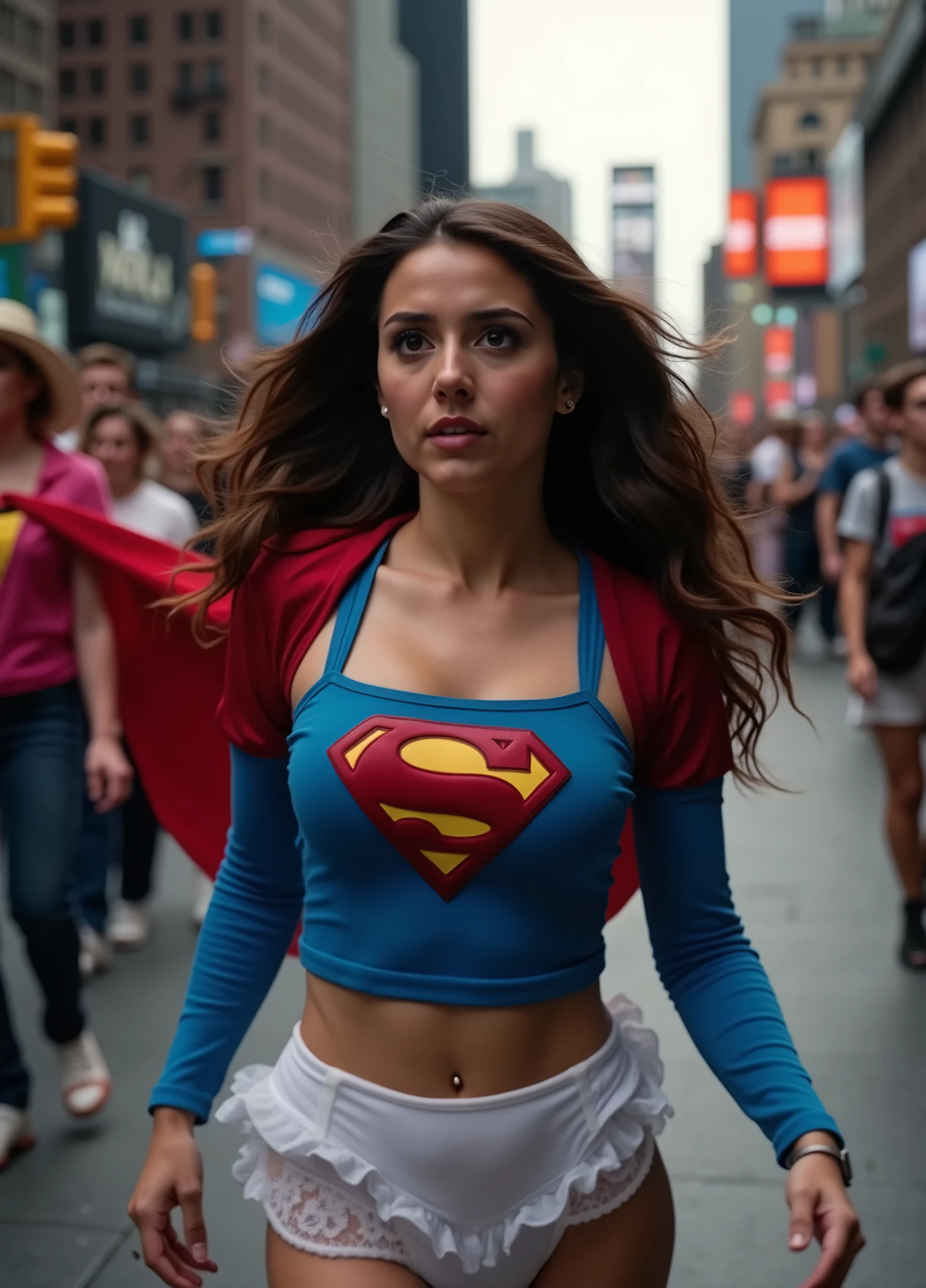 In the streets of New York a Latina Supergirl cross player is running down the street completely embarrassed shocked and ashamed as she is standing would just have a costume and white lace ruffle panties as the crowd laughs and looks on at her as she is half dressed exposed from the waist down