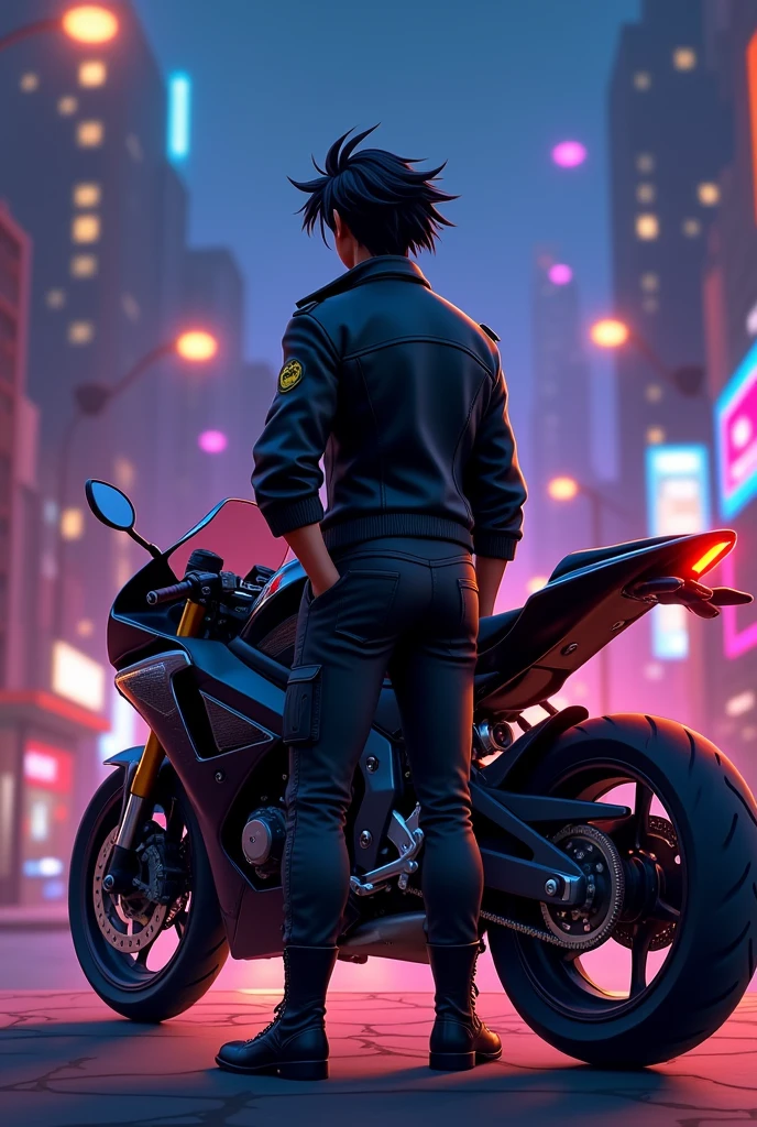 Disney characters man from back dark hair wearing a black leather jacket black bomber pants, Black military boots with the last name Medina on the back, next to a Honda CBR190 sports motorcycle in black.