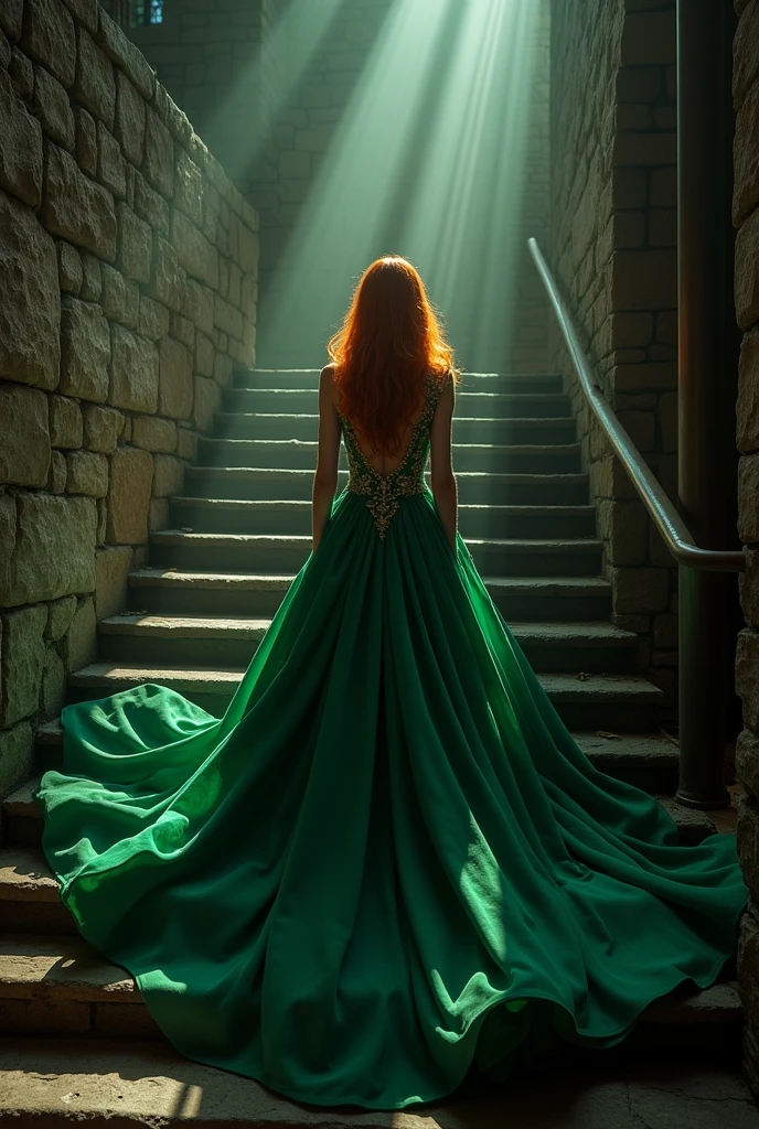 A 22-year-old girl, with white skin and red-blonde hair with golden streaks and emerald green eyes, Turning her back without showing her face, she wore a billowing green ball gown as she descended a dark staircase, a scene reminiscent of medieval times.