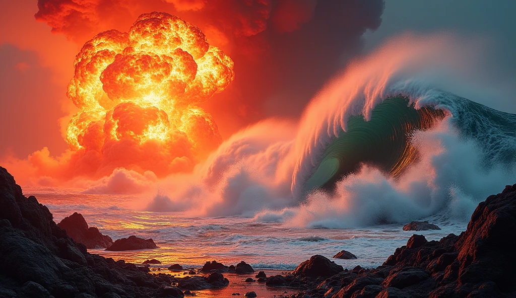 give me a red explosion and tsunami on the side