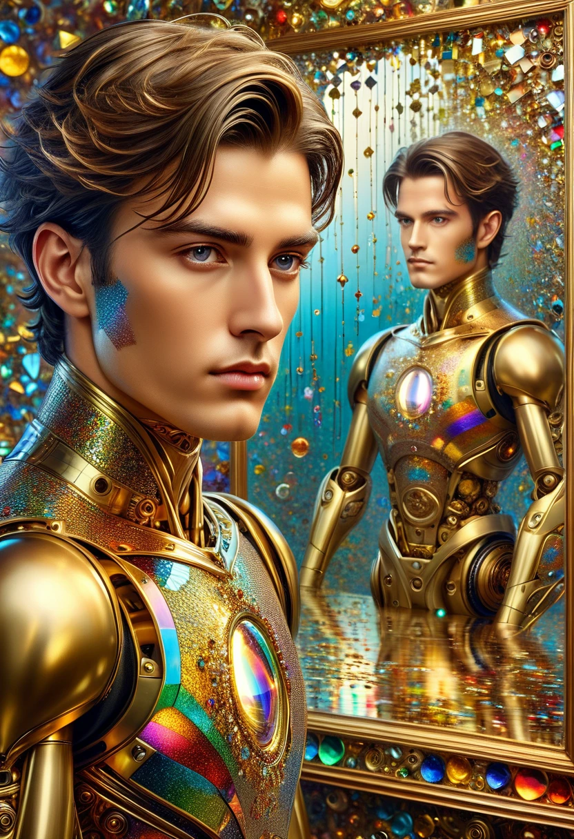 A handsome guy in a fantasy style , Surrealist painting with many small golden robot details !The man and his reflection creating the illusion of realism . A mosaic of broken mirrors reflects the interference of light, transforming billions of pieces of mirrors into fragmented personalities into a rainbow palette., studying the complexities of human self-perception. From eternity to infinity !