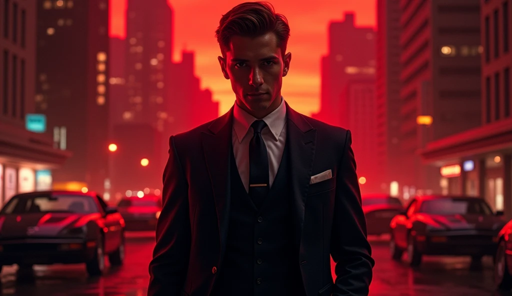 A powerful, strong young Mafia Boss stands in the center, his sharp suit immaculate and his eyes filled with a mix of cold calculation and hidden pain. Behind him, the city skyline looms under a blood-red sky, with shadows of gunmen and luxury cars fading into the darkness. To one side, a mysterious woman is partially hidden in the shadows, hinting at a deep connection and a dangerous secret. The title, written in bold, gritty lettering, hovers above, with the tagline below: ‘In the world of power and betrayal, nothing is as it seems.