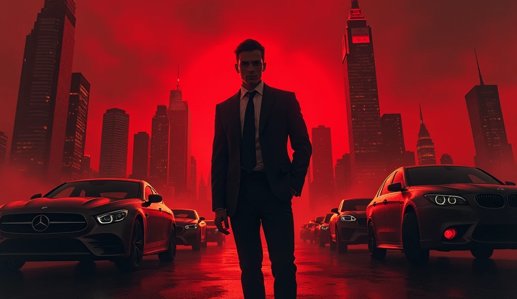A powerful, strong young Mafia Boss stands in the center, his sharp suit immaculate and his eyes filled with a mix of cold calculation and hidden pain. Behind him, the city skyline looms under a blood-red sky, with shadows of gunmen and luxury cars fading into the darkness. To one side, a mysterious woman is partially hidden in the shadows, hinting at a deep connection and a dangerous secret. The title, written in bold, gritty lettering, hovers above, with the tagline below: ‘In the world of power and betrayal, nothing is as it seems.