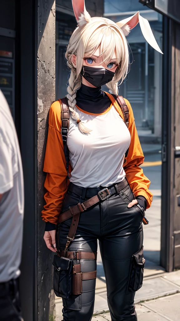 Create a female character in a dark and futuristic environment. She should be wearing a full face mask that covers the entire face, made of a matte white material, with a minimalist and industrial design. The mask should have oval and expressionless eyes, and the most striking detail are the long rabbit ears that extend upwards, adding a surreal and enigmatic touch. These ears should look rigid, as if they were made of some resistant synthetic material.
The character's hair is platinum blonde, far away, and braided into a single braid that goes down the back of the head, ending at the back. The braid is thick, perfectly aligned, and contrasts with the hardness of the mask, introducing a lightness to the look.
She wears a short-sleeved orange t-shirt, that appears to be made of a simple and functional fabric. The t-shirt has a slightly worn look, as if it were frequently used in intense activities. On the back of the t-shirt, in white and clear letters, is written "FREE FIRE", indicating perhaps an affiliation or a title within this universe.
Underneath the t-shirt, there are tight black sleeves that cover her arms entirely, with a resistant and high-quality material finish, giving the impression that they serve both for protection and for style.
The character wears black cargo pants, made of a thick and resistant fabric, designed for functionality. The pants have multiple pockets and hanging straps, with orange details that include words like "BOOM" inscribed in a bold font. The safety straps and buckles seem ready for use in a tactical environment, giving a military and utilitarian look.
On the feet, she wears sturdy boots with black and yellow details. The boots have a modern and athletic design, Thick braids