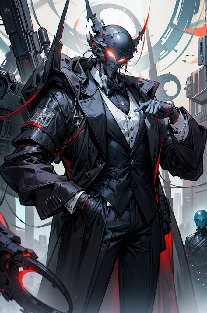 초상화, Face_through_torso, cyberpunk, A very tall male character with a thin build, dressed in an elegant tuxedo that contrasts with his criminal affiliation within the shadowy merchant guild. His head is entirely a glowing energy orb, giving him an otherworldly appearance.