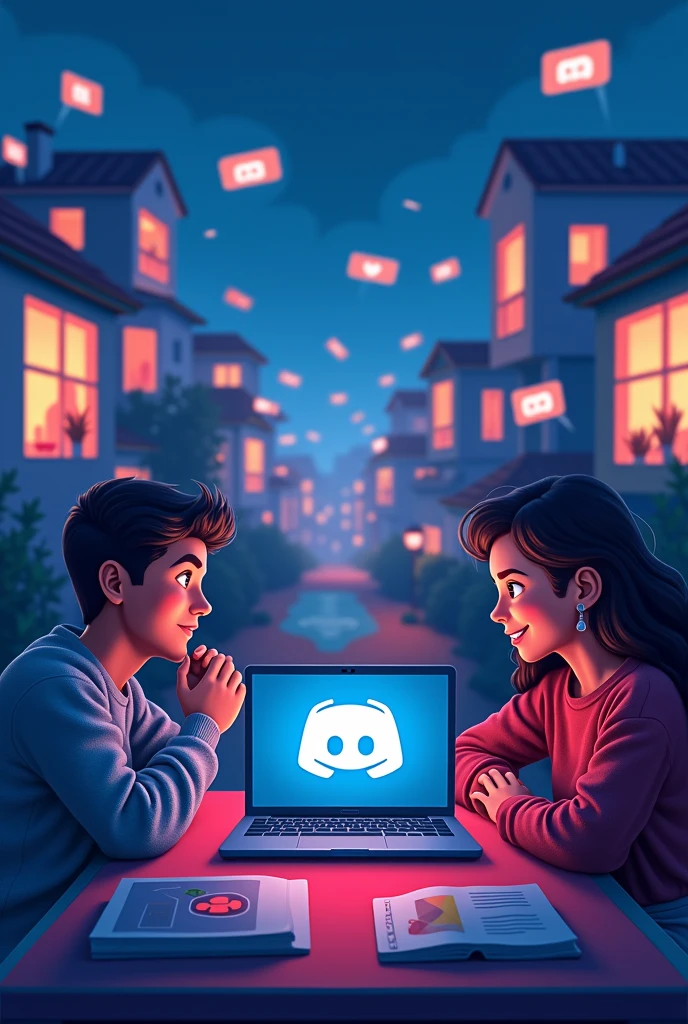 Internet concept background, Use light blue colors with red and black details, message elements ((games and chat)) between friends, open the computer with the Discord symbol, conversations and games, people talking from their separate homes 