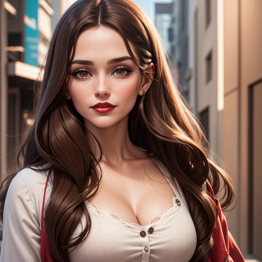 3876839963 create a 30-year-old woman with long brown hair and red lipstick, digital influencer, facing the camera, close-up