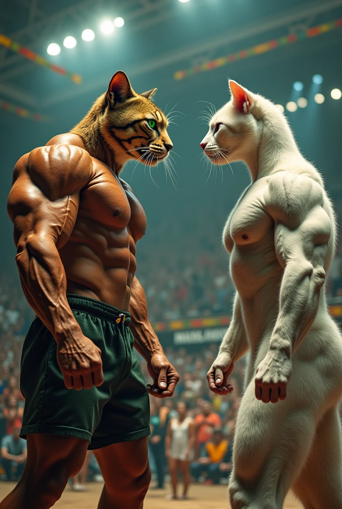 Make bodybuilder his head is cat and body is human Fighting with Another white cat bodybuilder 