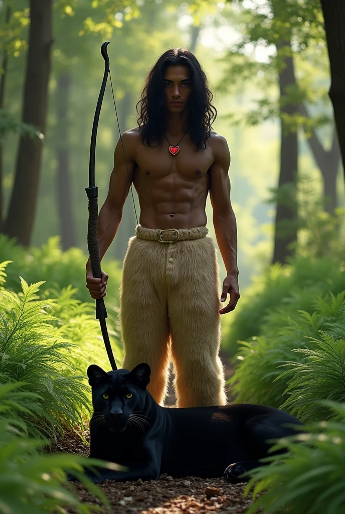 Handsome 17-year-old Korean guy. He has very dark skin and very long black hair. He is shirtless, In beige fur pants and hoof-shaped shoes. He has beautiful masculine features of a young man. He has a red heart pendant. He is hiding in the fern thicket and shooting from a bow.
Next to him is a kind black panther
